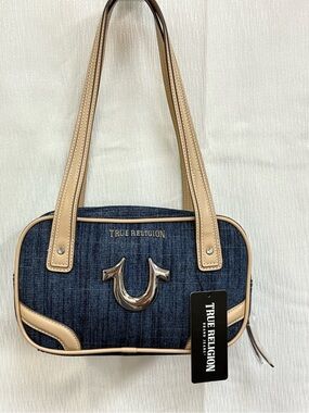 True Religion Denim Shoulder Bag with Tan Trim and Silver Logo